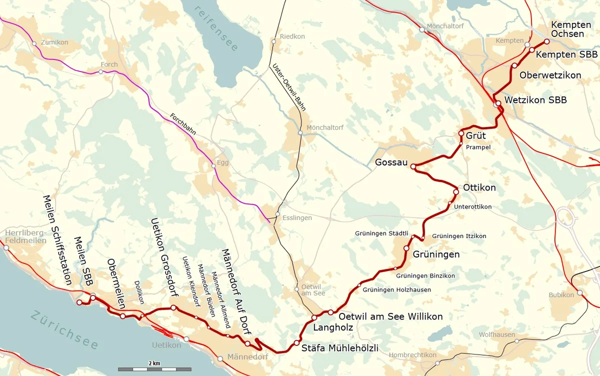 Dick rot eingezeichnet ist auf einer Karte der Streckenverlauf der Wetzikon-Meilen-Bahn in seiner längsten Ausdehnung vom «Ochsen» in Kempten bis zur Schiffsstation Meilen.  